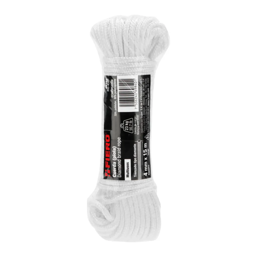 Piola de poliéster diamante de 4mmx15m blanca, madeja Fiero TRUPER 48392